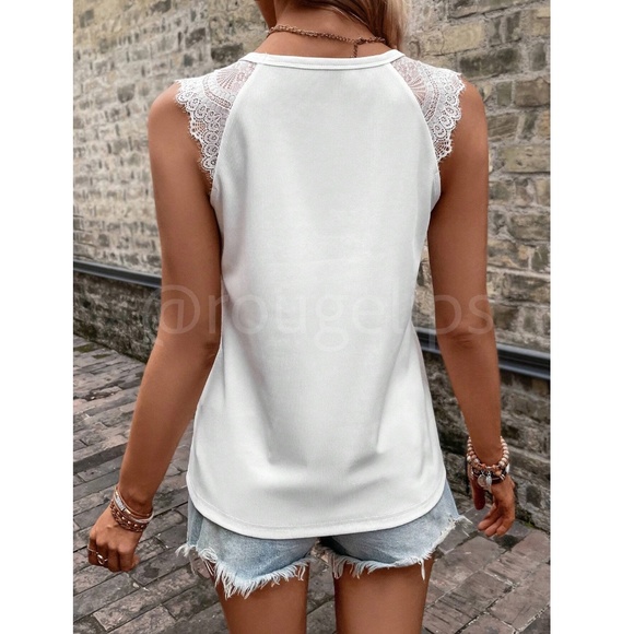 White Rib Knit Lace Detail Tank Top Tee Shirt - Picture 4 of 8